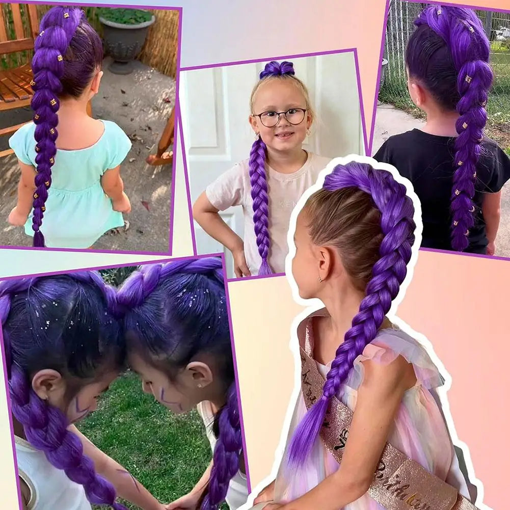 Purple Braided Ponytail Hair Extension for Kids Clip In Long 26 Inch Synthetic Braid for Halloween Christmas Party Cosplay Quake