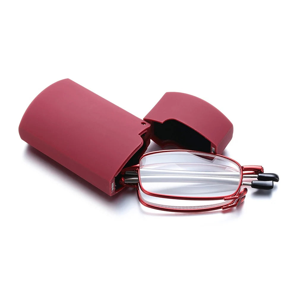 Portable Folding Reading Glasses for Men Women Telescopic Legs Rotation Presbyopia Eyeglasses Fashion Metal Frame Reader Eyewear Quake Red +250
