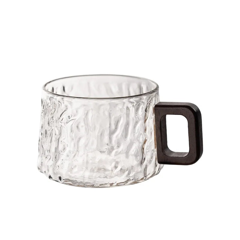 2Pcs Glacier Texture Glass Cups with Wooden Handle High Appearance Tea Coffee Mugs Heat Resistant WaterDrinking Cups for Home Quake