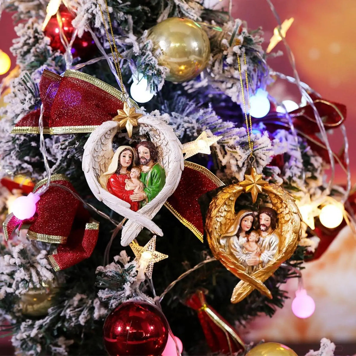 Xmas Hanging Decoration for Holiday Party Decor Accessories Holy Family with Angel Wing Figurine Birth of Jesus Resin Statue Quake