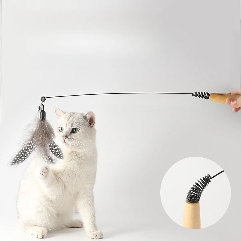 Wooden Handle Cat Teasing Stick Feather Bell, Detachable And Replaceable Head, Resistant To Scratching And Relieving Boredom Quake
