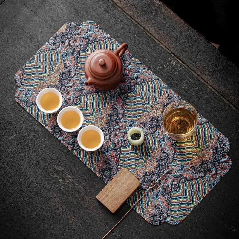 1pc Double Sided Brocade Tea Mat Chinese Zen Style Non Slip Dry Retro Dining Table Decoration Traditional Coaster Quake