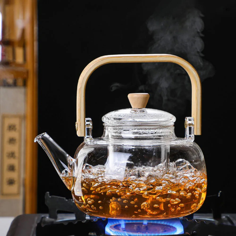 1L Heat-Resistant Glass Teapot With Removable Infuser Clear Bamboo Handle Tea Kettle For Loose Leaf Tea Flower Tea Herbal Tea Quake