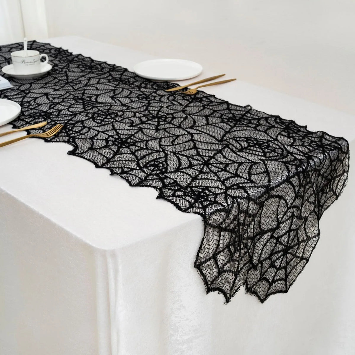 Lace Spider Web Halloween Table Runner Embroidered Table Cover Festive Table Decoration for Themed Party Supplies Quake about 200X50cm