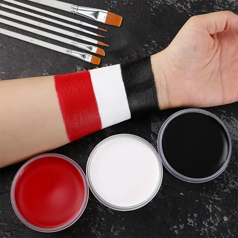 White Black Red Face Body Paint,Adult Oil Body Paint Set,FX Clown Vampire Skeleton Role Play Halloween Makeup with 6 Brushes Quake