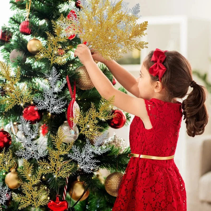 10/5Pcs Artificial Plants Pine Branches Christmas Glitter Gold Leaves Xmas Tree Decoration Pendant Christmas Home Decoration Quake