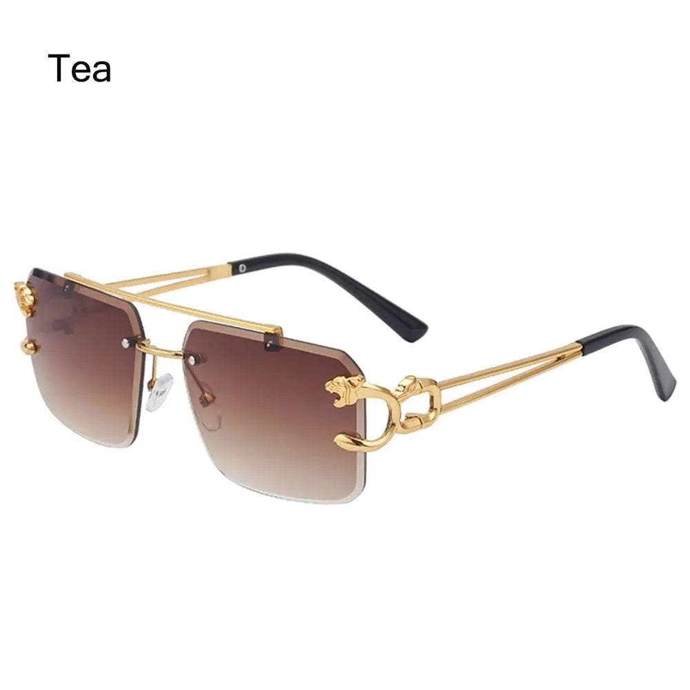 Fashion Retro Cheetah Decoration Sunglasses for Women Men Metal Steampunk Sun Glasses Summer UV400 Shades Trendy Rimless Eyewear Quake Tea
