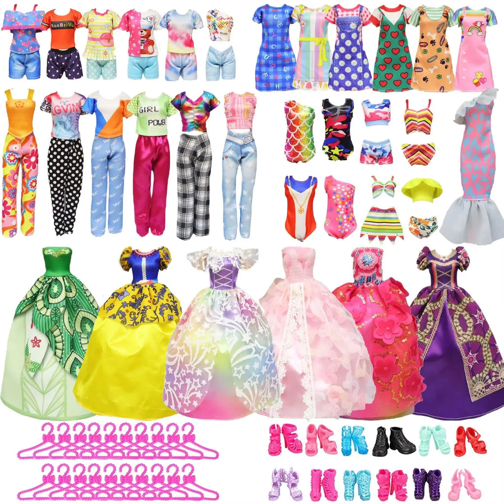 28pcs Fashion Dolls Accessories =1 Gown +3 Dress +2 Suit +2 Swimsuit +3 Glasses +10 Shoes +7 Hanger Clothes for 11.5'' Doll Toys Quake random 28 items