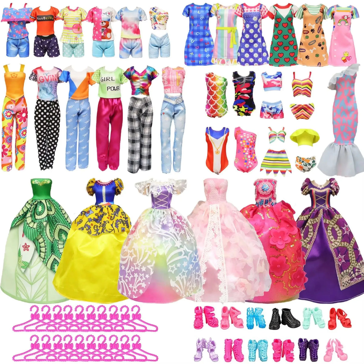 28pcs Fashion Dolls Accessories =1 Gown +3 Dress +2 Suit +2 Swimsuit +3 Glasses +10 Shoes +7 Hanger Clothes for 11.5'' Doll Toys Quake random 28 items