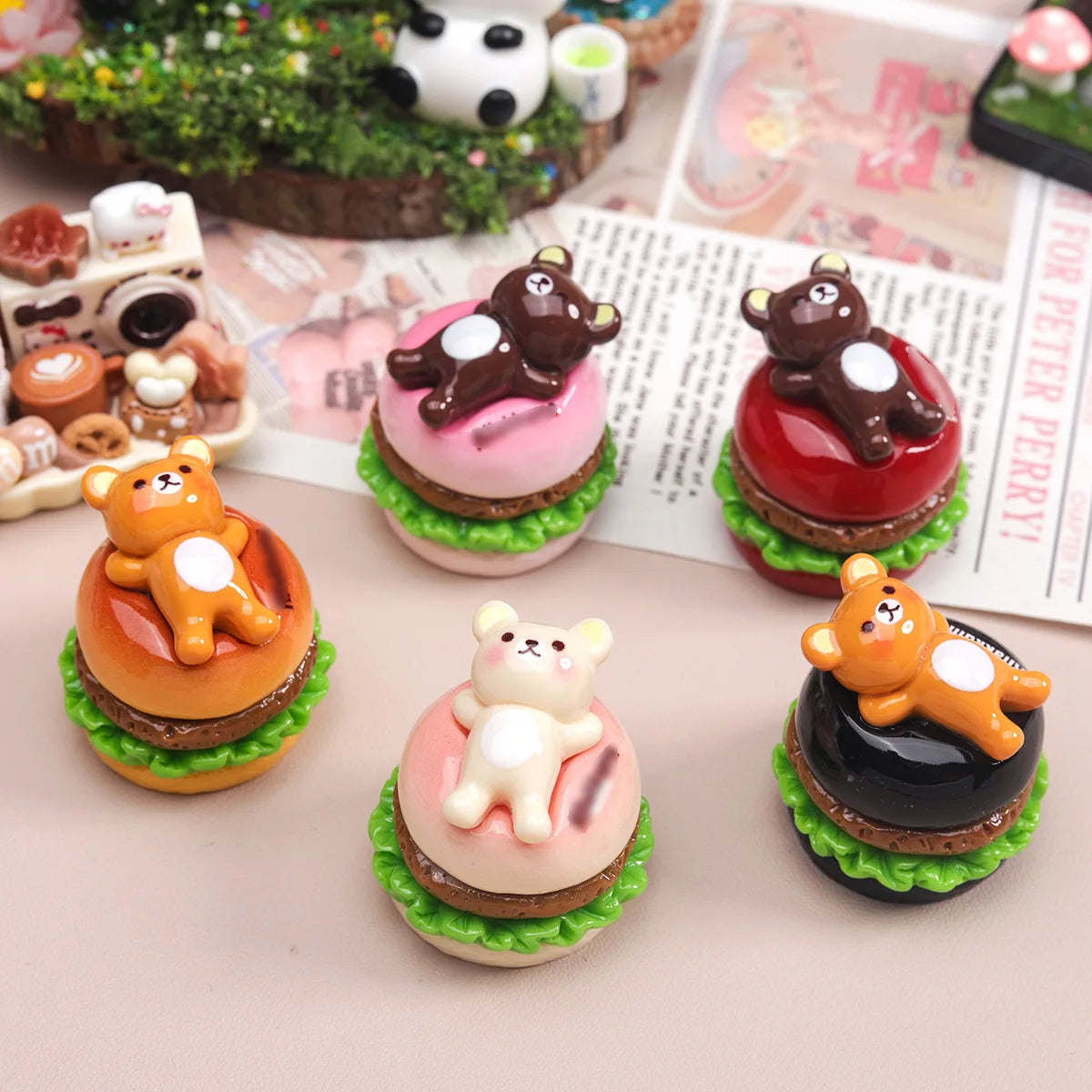 5Pcs Simulation 1:12 Bear Hamburger Resin Cabochon 3D Miniature Fake Food For Craft DIY Jewelry Making Dollhouse Accessories Quake random mixed