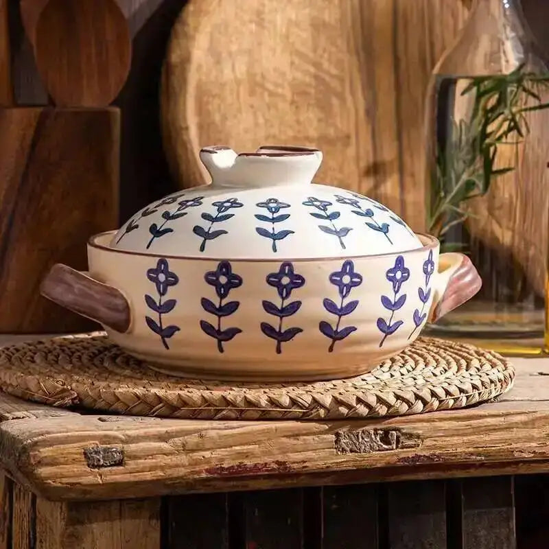 Japanese Ceramic Casserole Stew Pot Household Cooking Gas Retro Flower Pattern Soup Pots High Temperature Resistant Cooking Pot Quake