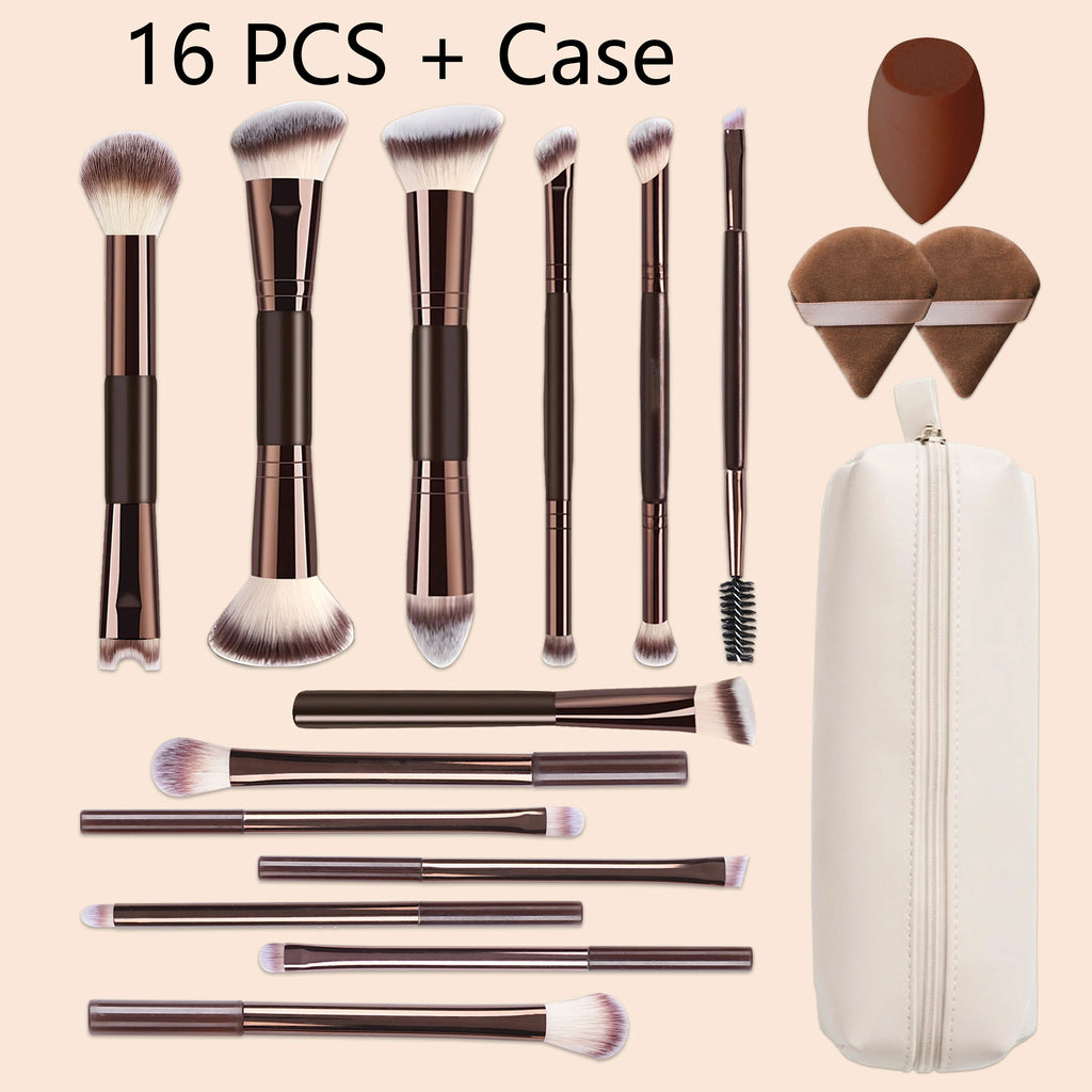 16 PCS Double-Ended Makeup Brush Set with Case, Professional Foundation, Powder, Concealers, Eyeshadow, Blush Brush Quake 13 pcs With Case
