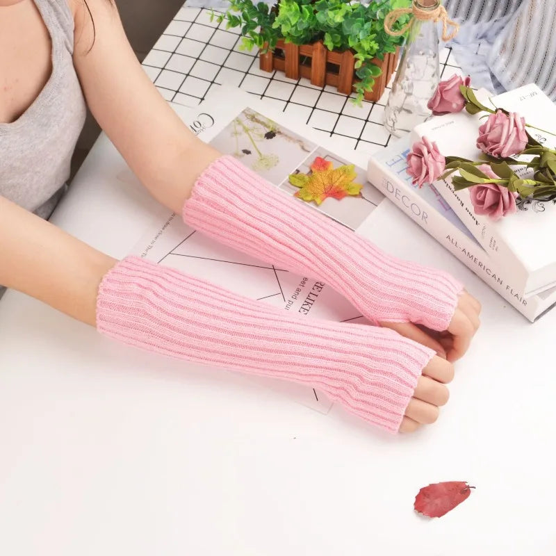 Mid To Long Arm Sleeves with Flat Needles Korean Version Knitted Women Warm Ins High Street Keep Warm Quake pink 30cm
