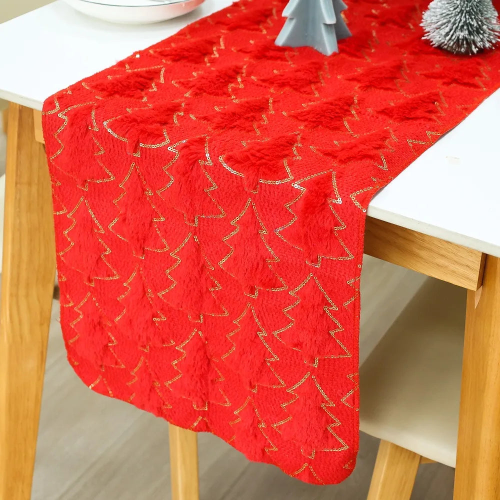 Christmas Plush Table Runner 3D Xmas Tree Pattern Tablecloth New Year Dinner Table Cloth Cover Home Festival Party Decorations Quake