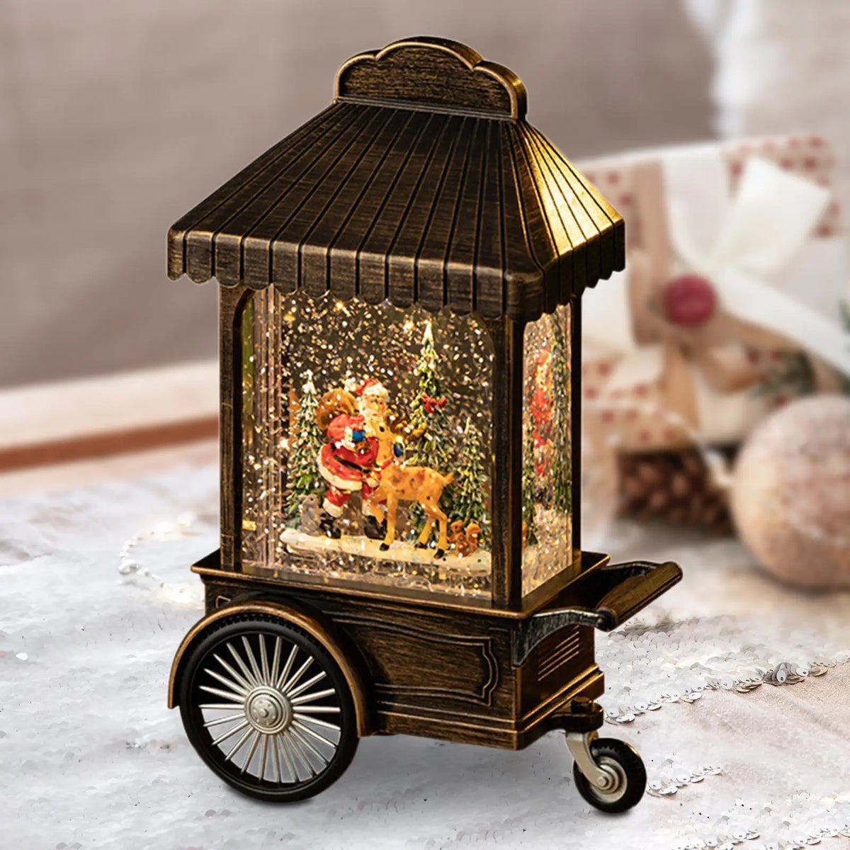 Christmas Snow Globe Lighted Decorative Glitter Tabletop Ornament Christmas Quake Bronze Santa