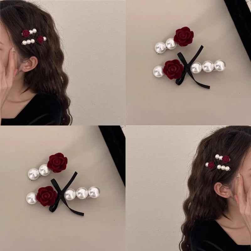 Velvet Rose Flower Hair Clip Sweet Pearl Floral Hairpin French Romantic Girl Bangs Barrettes Wedding Bride Headwear Accessories Quake