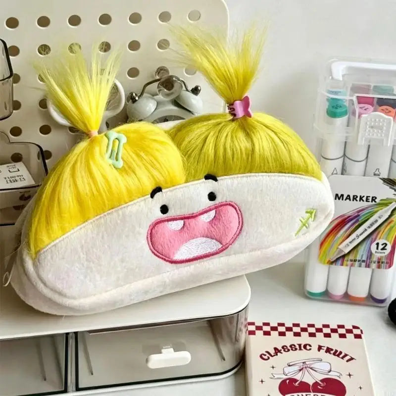 Plush Character Pencil Case with Roomy Writing Tool Storage, Cotton Fabric, Embroidered Face, and Secure Top Closure K1KF Quake