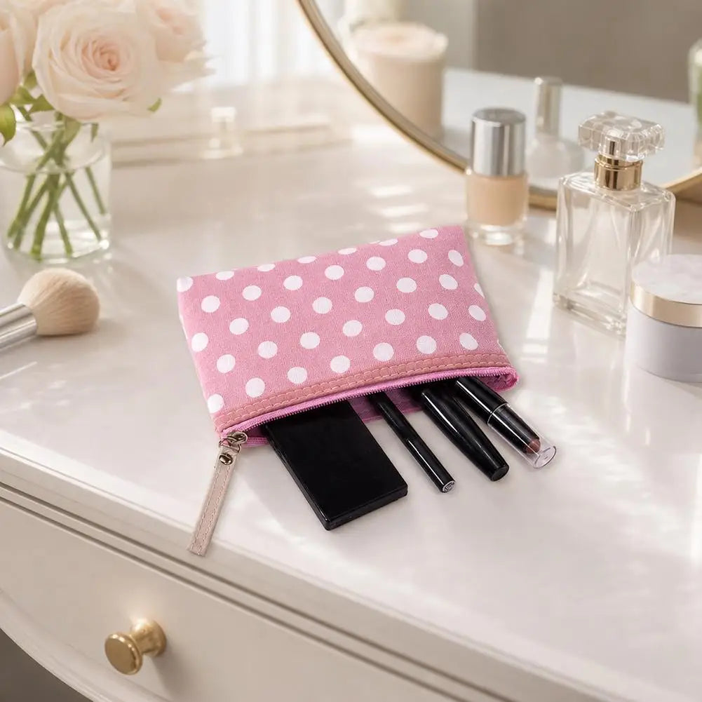 Portable Small Cute Polka Dot Canvas Makeup Bag for Women Girls Simple Travel Lipsticks Organizer Cosmetic Pouch with Zipper Quake
