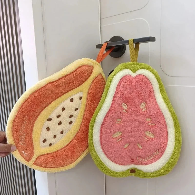 Kitchen Absorbent Hanging Hand Towel Cute Cartoon Fruit Coral Velvet Towel for Kitchen Bathroom Daily Household Gift Quake