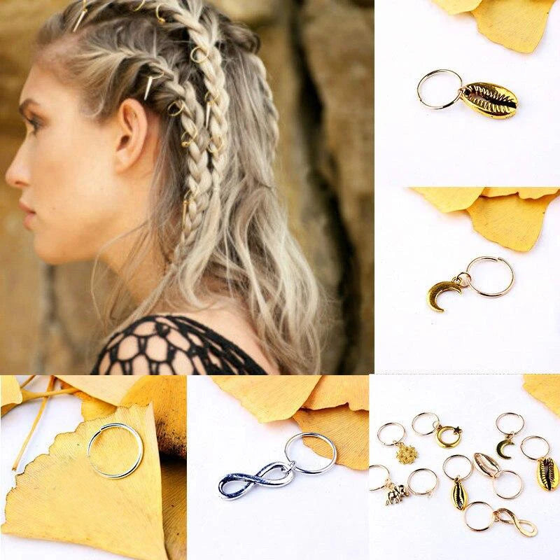 5 Pcs/set Hair Braid Dreadlocks Bead Gold Silver Shell Stars Moon Hair Rings African Braids Metal Pendant Decorative Accessories Quake