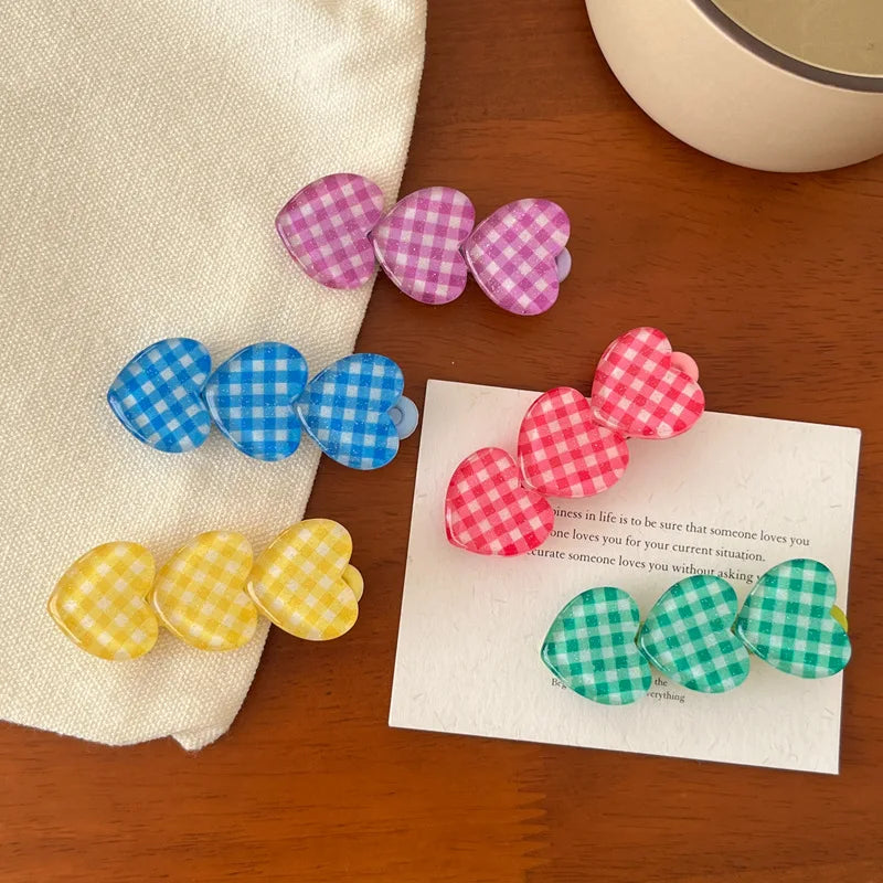 Solid Color Heart Plaid Hair Clip for Girls Sweet Hair Decorate Kawaii Hairpin Hairgrip Barrettes Kids Lovely Hair Accessories Quake