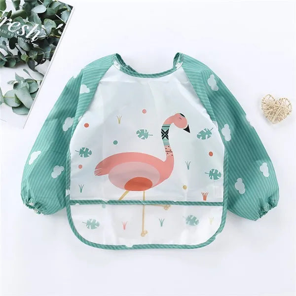 Apron Pocket Infan Baby Long Sleeve Scarf Waterproof Toddler Art Smock Feeding Bibt Boys Girls Burp Cloth Banana Bibs for1-3Year Quake B31 Green Bird 0-3Years