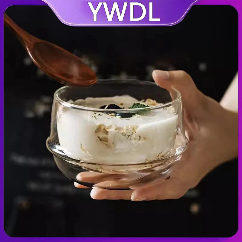 YWDL Double-Wall Heat Resistant Glass Bowl for Breakfast Yogurt Oatmeal Salad - 350/550ml Capacity Dessert Soup Container Quake