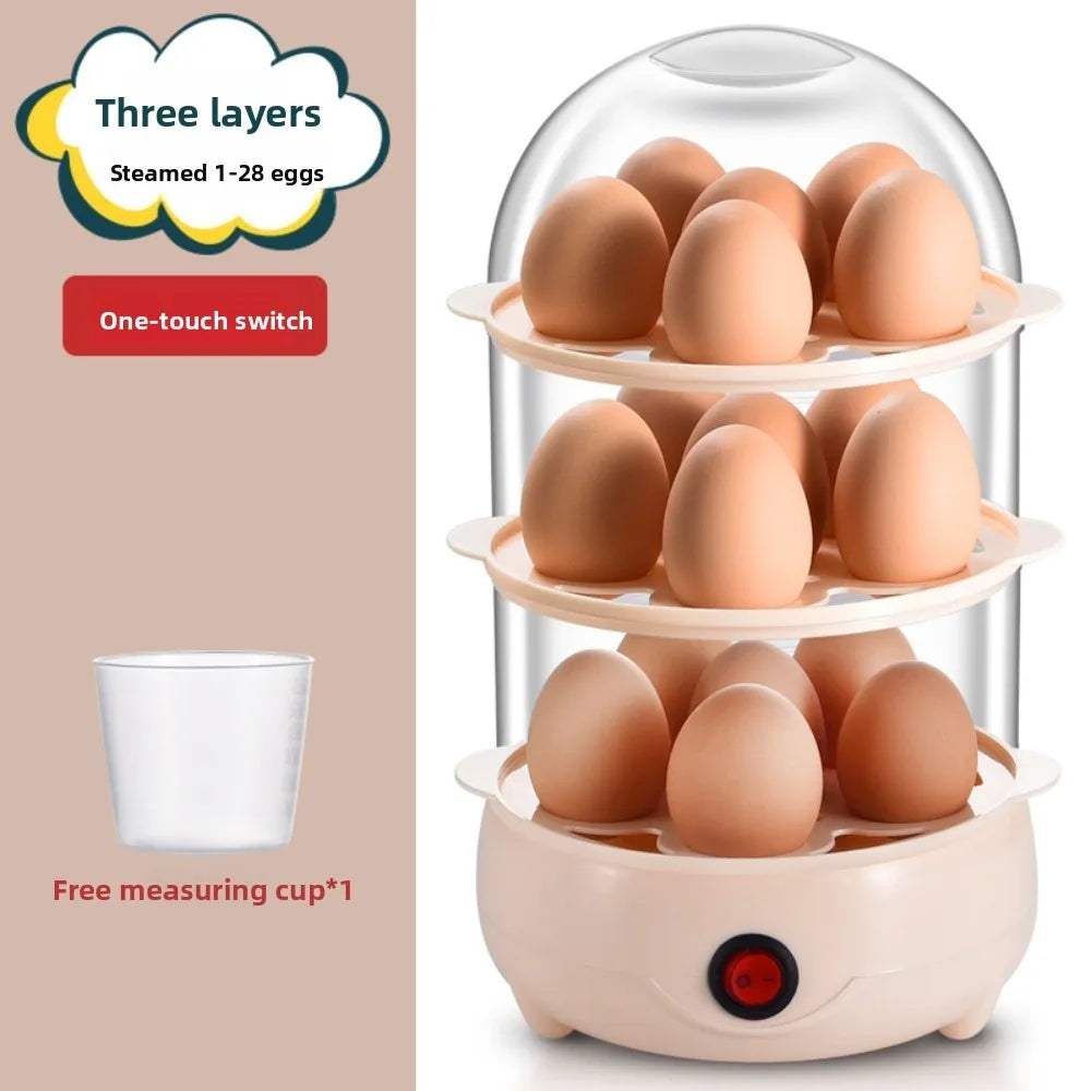 Portable Automatic Power Off Egg Boiler Multi-layer Mini Breakfast Machine with Measuring Cup Egg Steamer for Home Dormitory Quake Triple-layer