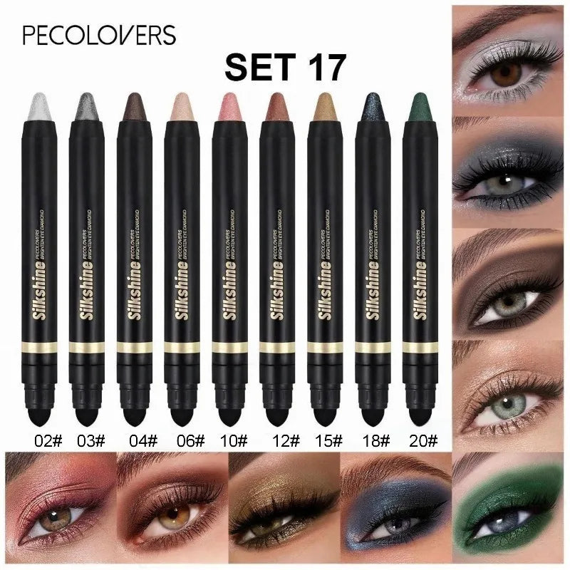9PCS Double Head Eye Shadow Stick, Eye Highlight, Eye Brightening, with Fine Flash, Waterproof, Multi-color Suit, Eye Cosmetics Quake SET 17