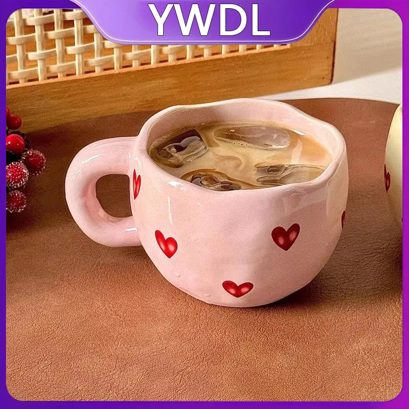 YWDL 1pcs Hand Painted Love Mug Creative Heart Water Cup Ceramic Milk Mug With Handle Valentine's Day Gift Quake
