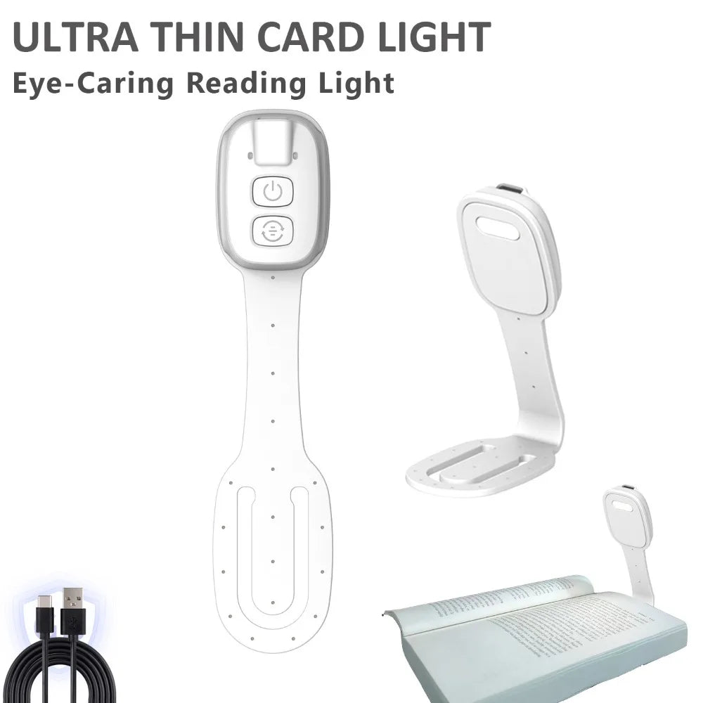 2-in-1 Clip-On Book Light Rechargeable Ultra-thin Mini Book Light with Dimmable Brightness Eye-Caring LED Reading Light Travel Quake White