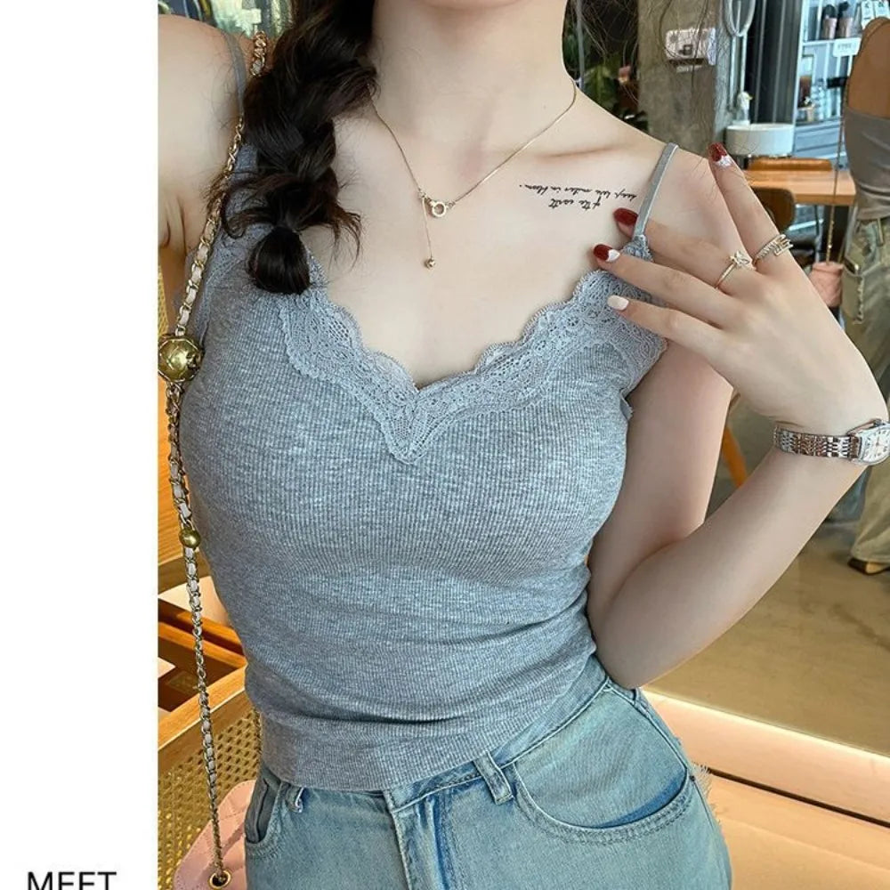 Fashion Breathable Lace Camisole Wire-Free Solid Color Summer Top Strap Bra Sexy Style Bottoming Shirt Quake