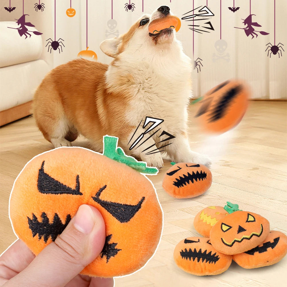 Halloween Dog Toy Funny Pumpkin Ghost Face Pet Biting Toys Soft Plush Cat Tooth Grinding Ball Can Make Sounds Dog Training Toys Quake