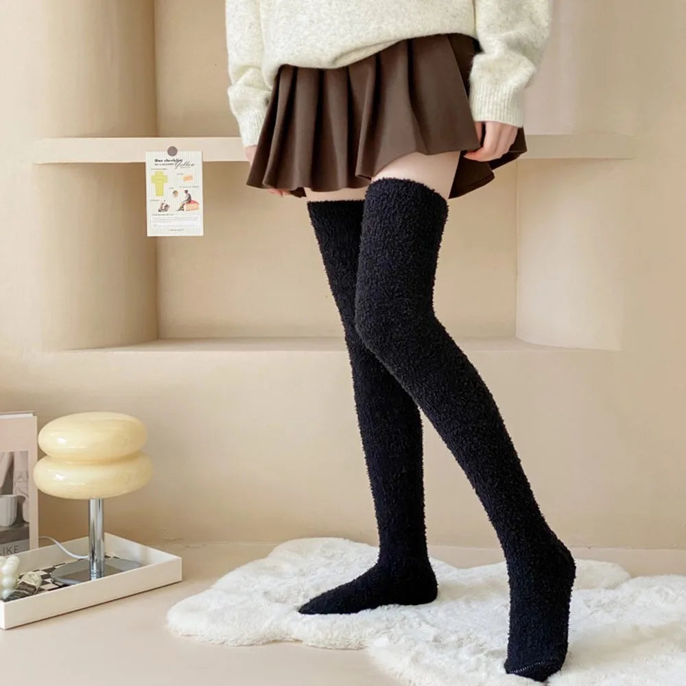 Soft Warm Striped Stockings Long Tube Comfortable Over Knee Socks Coral Velvet Cozy Lined Terry Socks Winter Quake 8 One Size