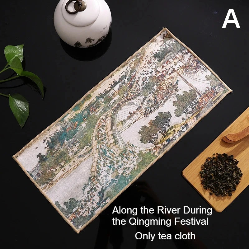 1pc Kung Fu Tea Towel with Ancient Style Thick and Absorbent Multifunctional High-end Painted Tea Cloth Quake A 30x16cm