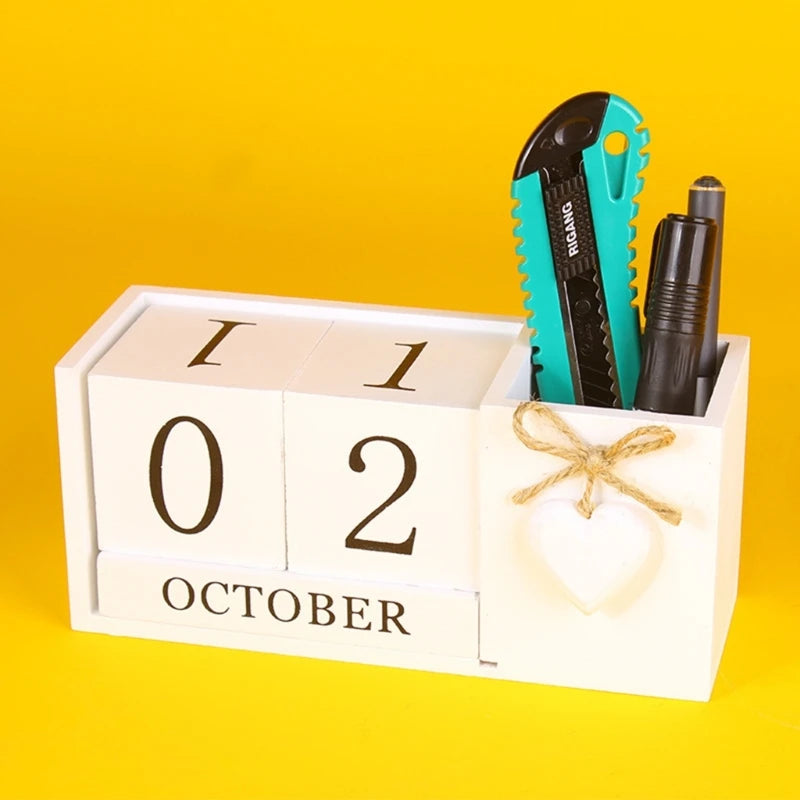 Wooden Permanent Calendar with Pen Holder, Desk Pen Holder with Blocks Permanent Calendar Office Desk Decorations K1KF Quake Default Title
