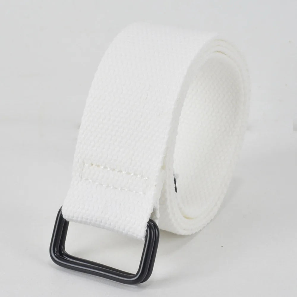 Fashion Free Punch Canvas Belt Double Ring Buckle Cotton Canvas Buckle Belt Cloth Fabric Best Canvas Belts Men's Quake White 130cm