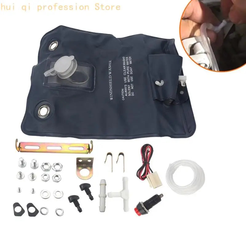 1L Windshield Washer Fluid Bag with Electric Pump, Clear Hose and Bracket for Fluid Storage, Windshield Cleaning and Routine Quake