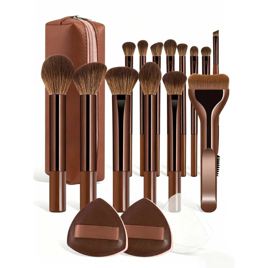 17pcs Makeup Tools Including Foundation Brush Blush Brush Loose Powder Brush Eyeshadow Brush Eyelash Brush Eyelash Brush Eyebrow Quake Brown