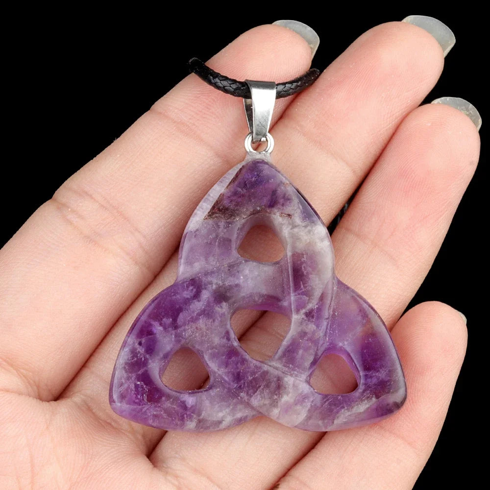 Hot Sale Witch Knot Pendant Necklace Natural Stone Rose Quartz/Amethyst Irish Pendant Lucky Gift For Women And Man Quake Amethyst