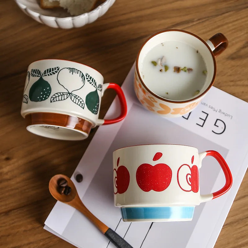 4pcs Set Ceramic Ear Hanging Coffee Mug Underglaze Colored Breakfast Milk Oatmeal Cup Japanese Retro Style Lovers Mug Stackable Quake