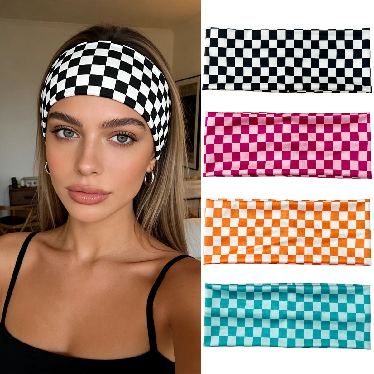 Chequered Headband Fashion Plaid Widened Elastic Headband Hair Styling Accessories for Sports Fitness Sweat-absorbing Hairband Quake