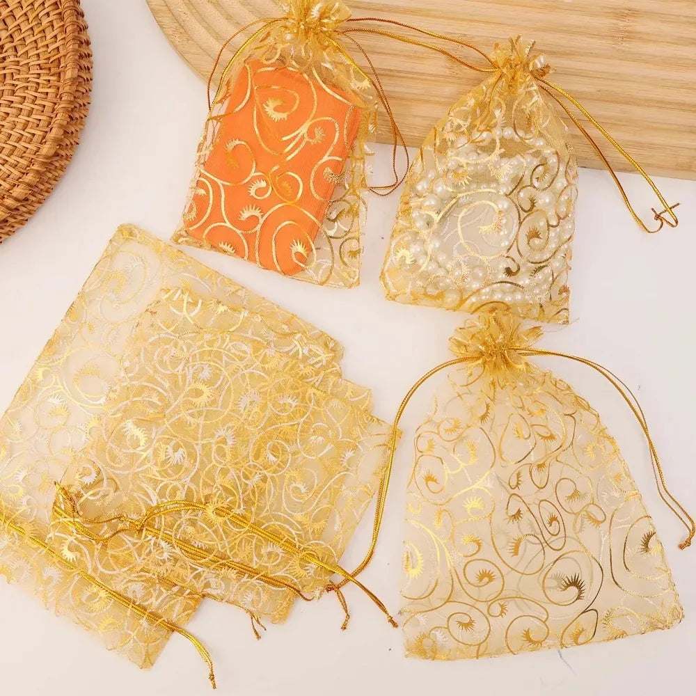 Golden Mesh Drawstring Bag Organza Gift Candy Bags Rattan Printed Jewelry Storage Bag Christmas Wedding Party Favors Pouches Quake