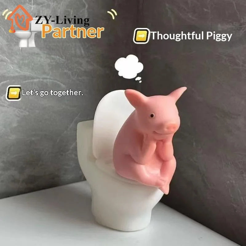 Cartoon Pig Sitting on Toilet Figurine Pink Plastic Miniature Animal Desktop Ornament for Home Office Shelf Room Decoration Quake