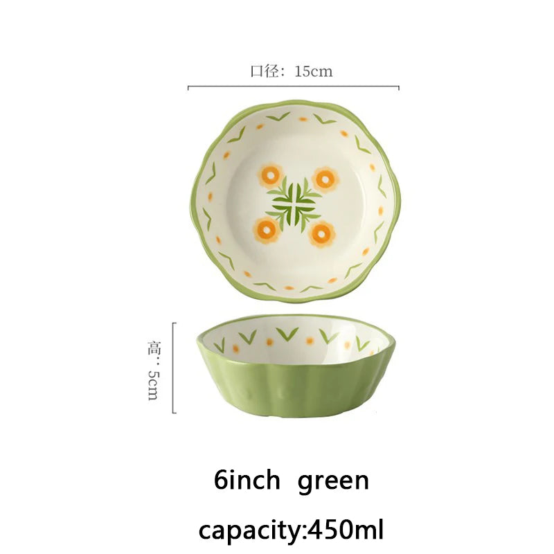YWDL Heat Resistant Ceramic Salad Bowl With Wavy Edges Dessert Bowl Kitchen Fruit Dish Microwave Oven Oven Safety 6inch Quake green