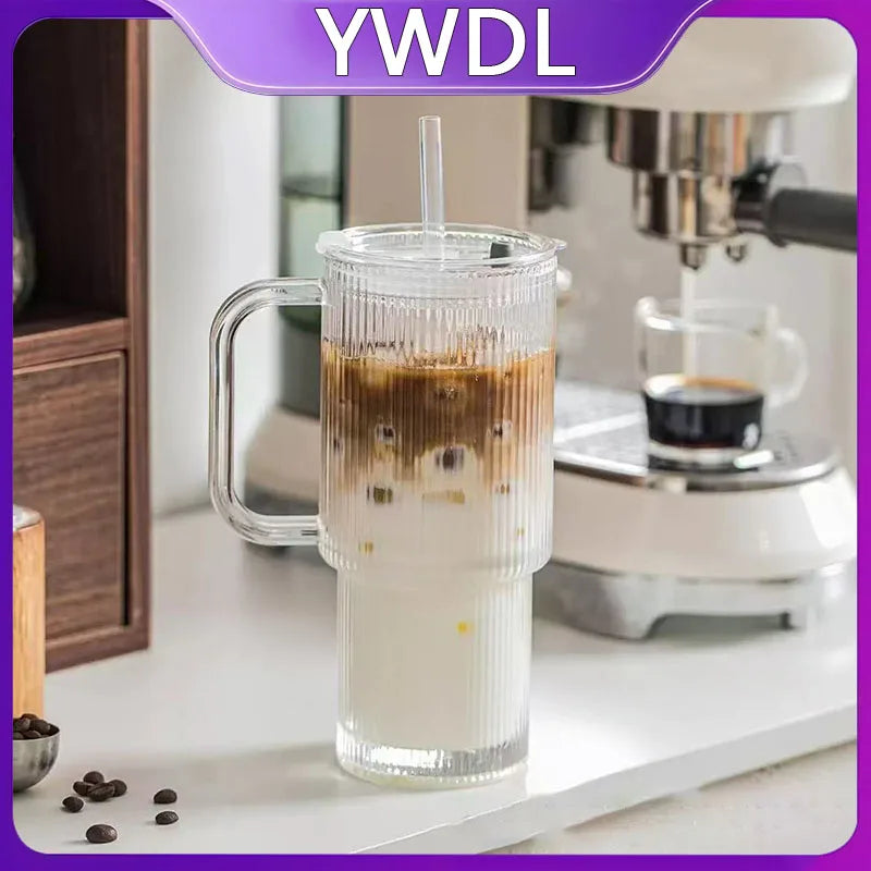 YWDL 760ML Ribbed Glass Tumbler with Handle And Lid Large Iced Coffee Cup with Straws for Cold And Hot Beverages 1/2 Set Quake