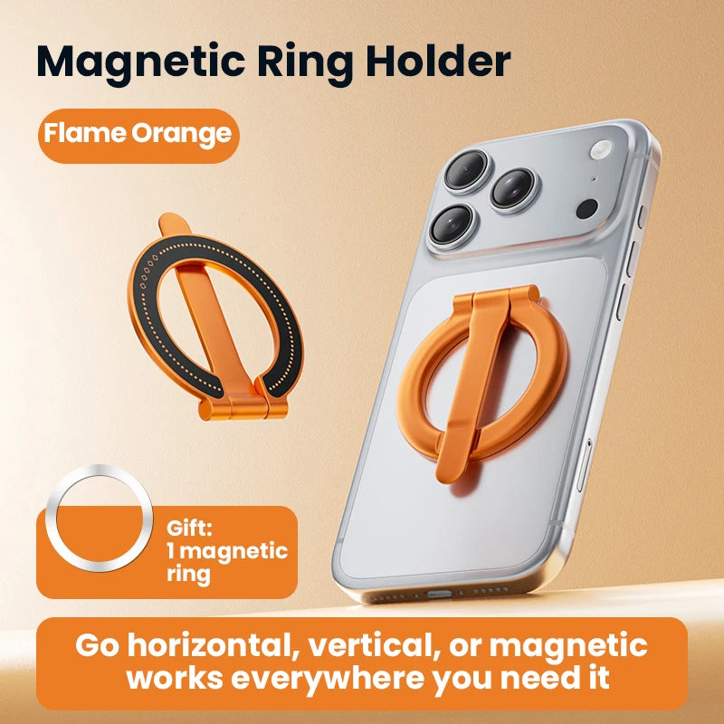 Ultra-thin Cell Phone Ring Holder Magnetic Ring Foldable Kickstand Magnet Grip Desktop Stand for Phone Quake Orange