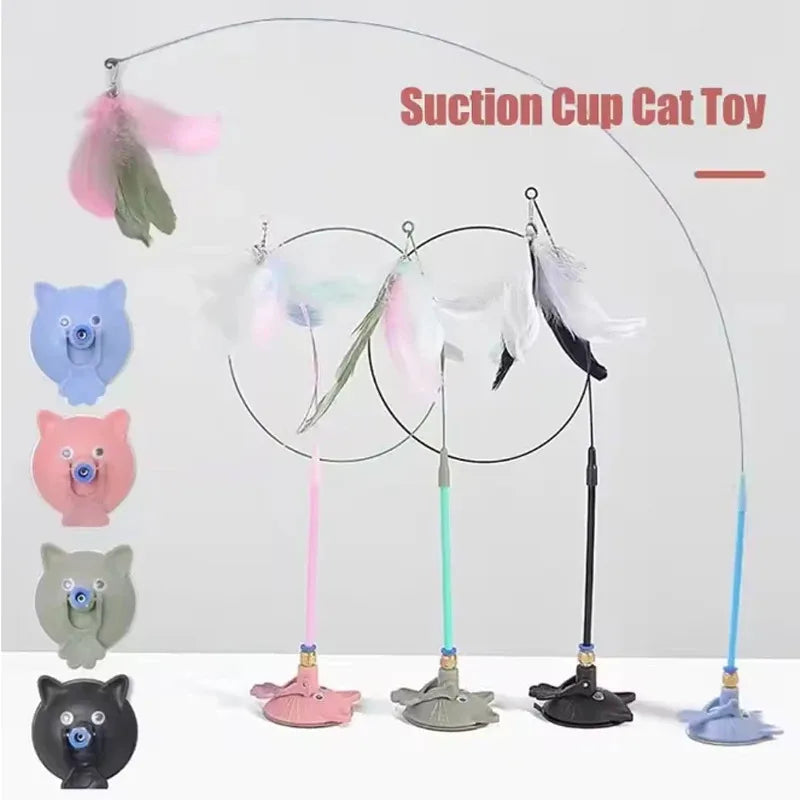 Pet Teasing Cat Stick Feather Wand With Bell - Interactive Suction Cup Toy for Kittens and Cats, Fun Playing Accessories to Enga Quake