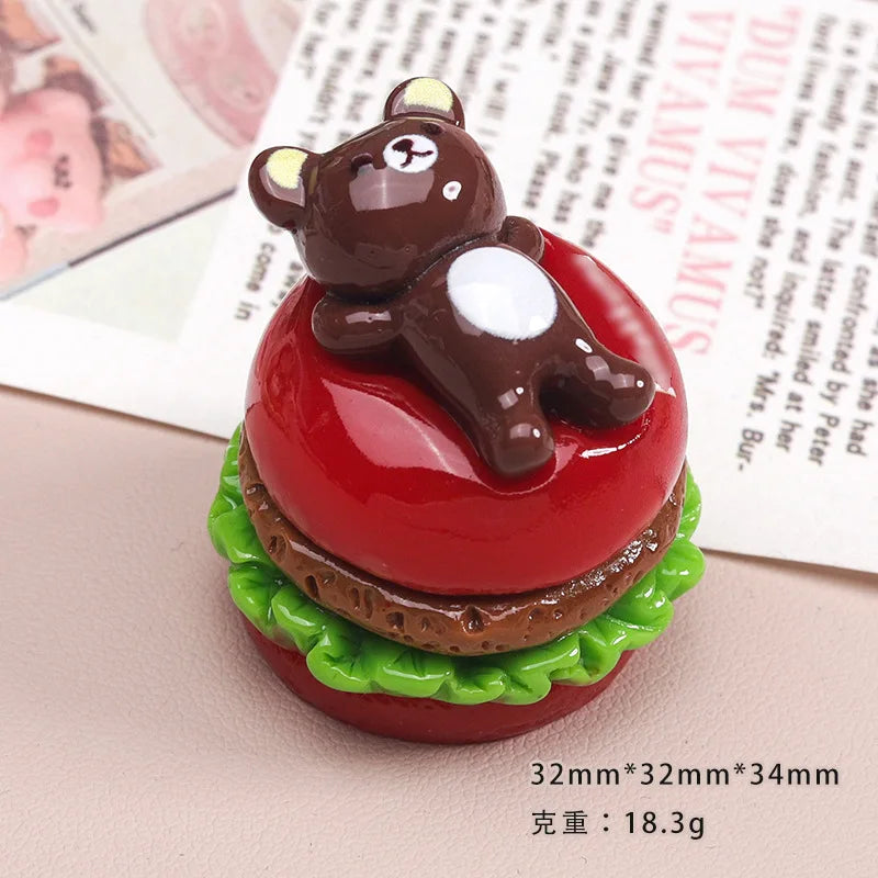 5Pcs Simulation 1:12 Bear Hamburger Resin Cabochon 3D Miniature Fake Food For Craft DIY Jewelry Making Dollhouse Accessories Quake red