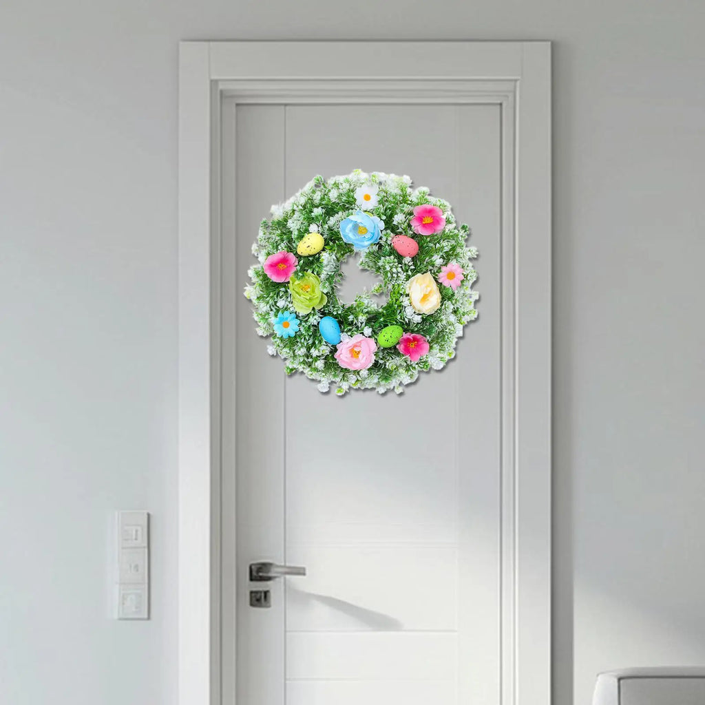 Easter Egg Artificial Flower Wreath Door Hanging Decor with Leaves for Home Indoor Outdoor Window Quake